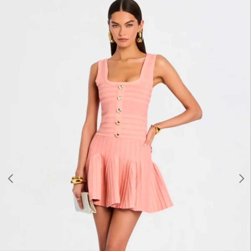 NWT$398 Retrofete Brooke Bandage Flared Mini Dress in Metallic Peach Pink Sz Med - Picture 2 of 16